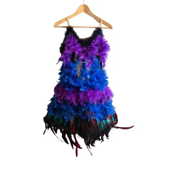 Feather Stappy Ballerina / Mardigras Dress Halloween Costume Blue & Purple - Picture 1 of 9
